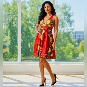 Satin Flirty Floral Sundress w Yellow Accents & Beading Embellished